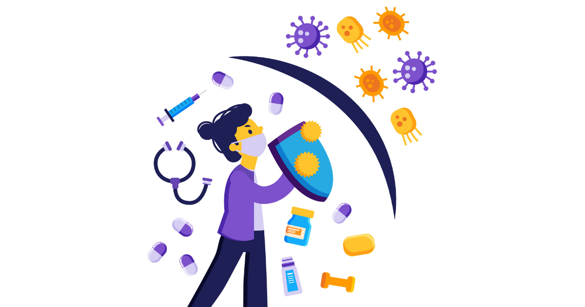 Illustration of a person strengthening immunity and protecting against infections and chronic lifestyle diseases.