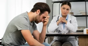 Man experiencing emotional distress during a consultation with a healthcare professional.